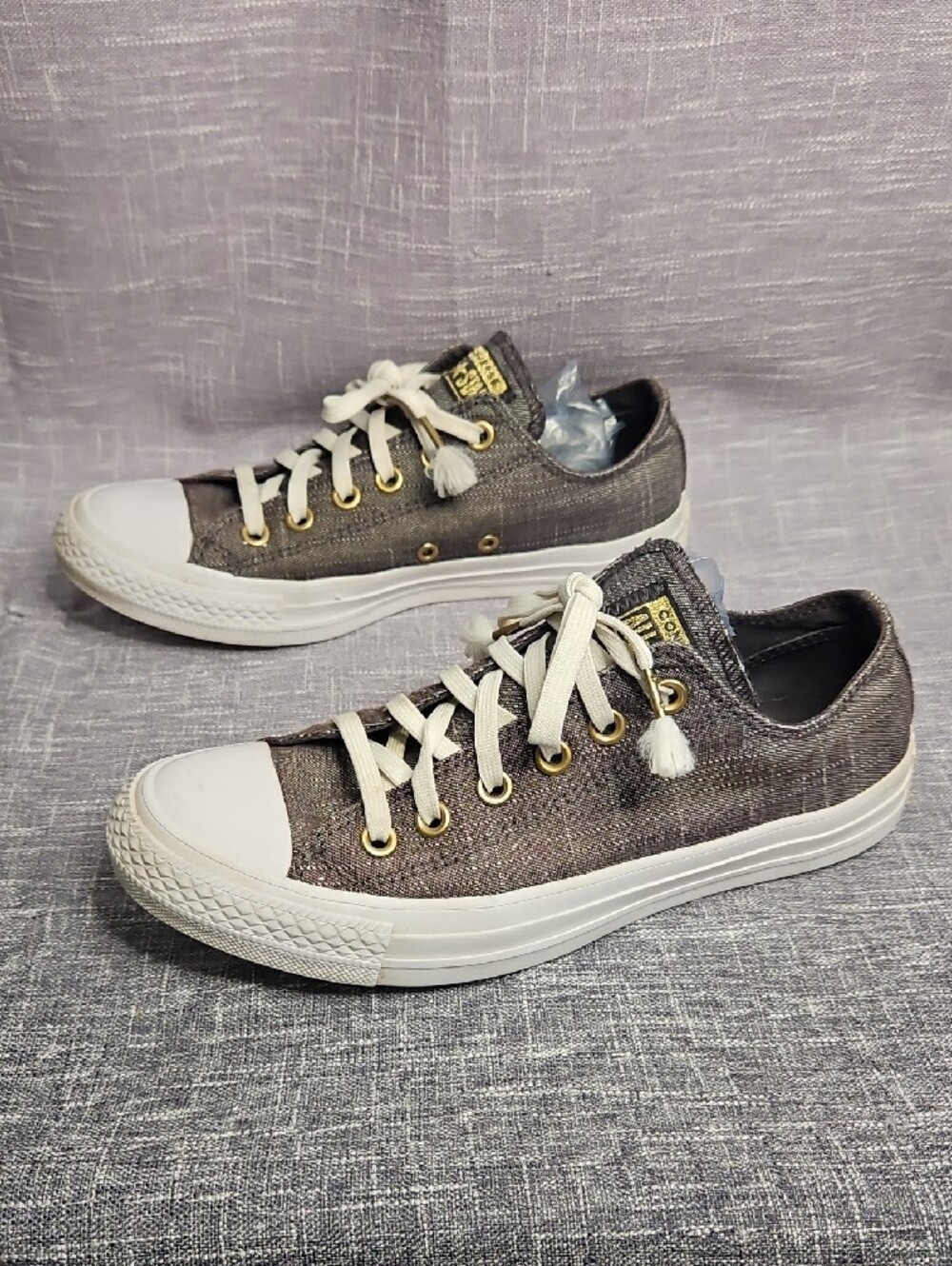 Converse Chuck Taylor All Star Ox Washed Linen Low Top Sneakers Grey Gold Accent - Picture 3 of 15